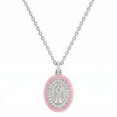 Collier Madonnina émaillé rose pastel et zirconiums